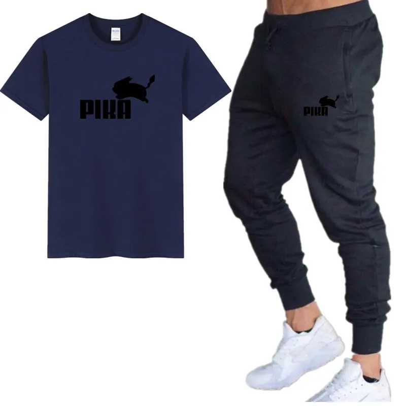 18Navy black Летние популярные мужские комплекты новые футболки с принтом пика+ штаны комплекты из двух предметов Повседневный Спортивный костюм Мужская Повседневная футболка тренажерные залы Фитнес Брюки - Цвет: 18Navy black