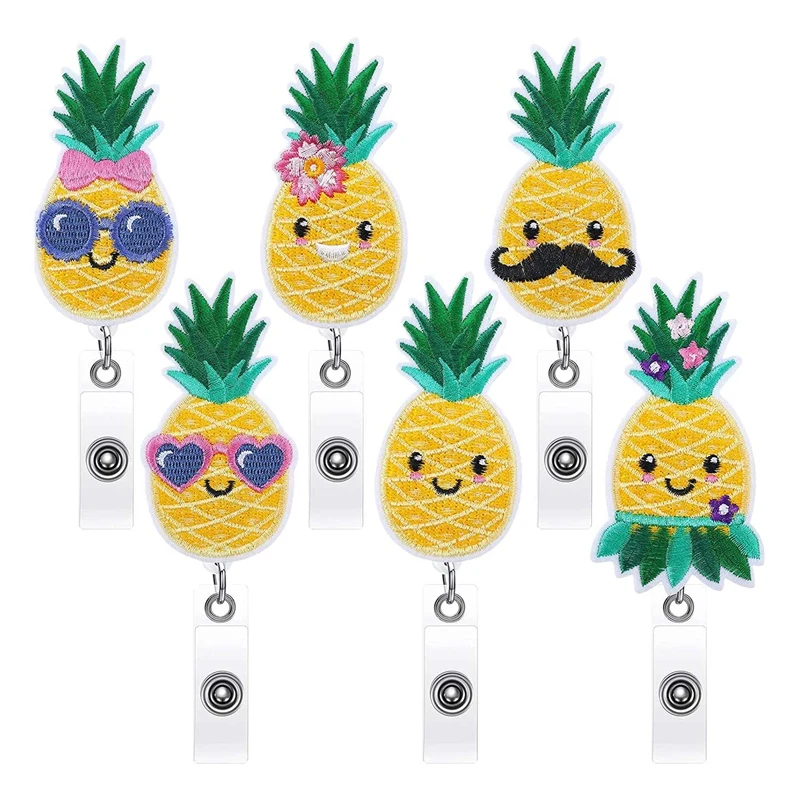 

6 Pcs Pineapple Badge Reels Summer Felt Embroidered Reel Retractable Badge Reel Nursing Badge Reel Cute ID Badge Holder