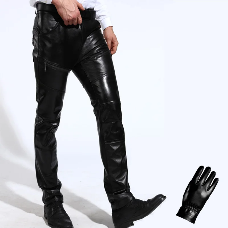 Leather Pants Men's Genuine Cowhide Skinny Fit Pants Male Sheepskin Tight Legged Winter Casual Leather Pants