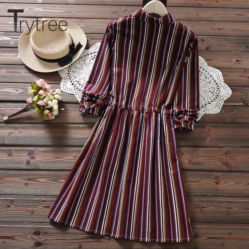 Trytree Autumn Women Dress Casual Turn-down Collar Striped Shirt Dresses Adjustable Drawstring A-Line Office Lady Button | Женская