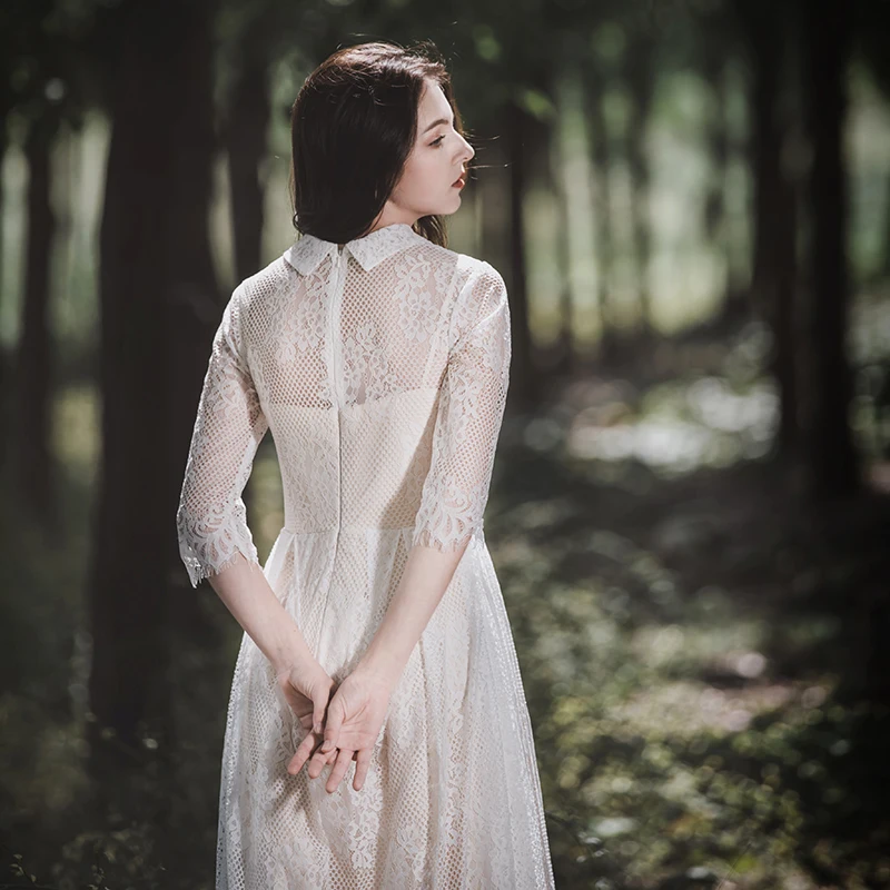 Elegant Lace Wedding Dresses Queen Abby A-line High Neck 3/4 Sleeves Tea-length Zipper-up Bridal Gowns For Plus size |