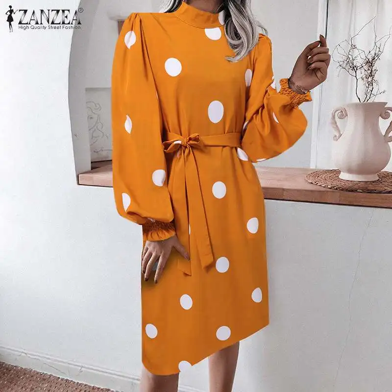 

Модель 2021 года, стильный модный женский сарафан ZANZEA с принтом в горошек, платье с длинным рукавом, офисный кафтан на шнуровке, женское платье...