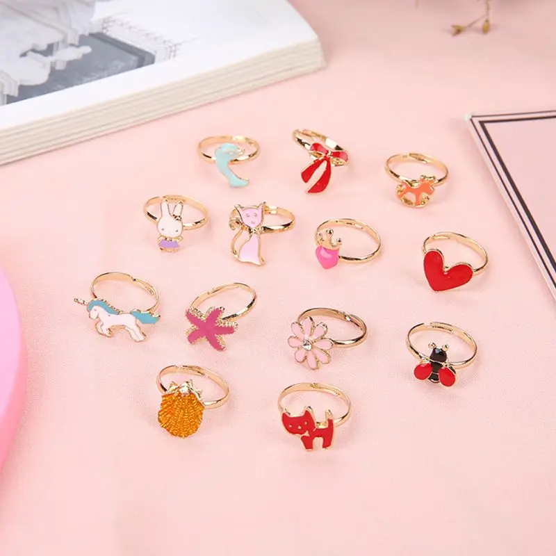 

OOTDTY 36 Pcs/set Cartoon Children Rings Flower Animal Adjustable Alloy Kids Ring Girls Birthday Party Gifts
