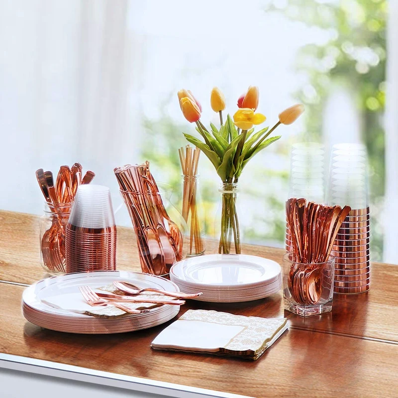 HOT-60 Pieces Rose Gold Plastic Cups 9 Oz Clear with Rimmed Wedding Party Disposable - Ros | Дом и сад