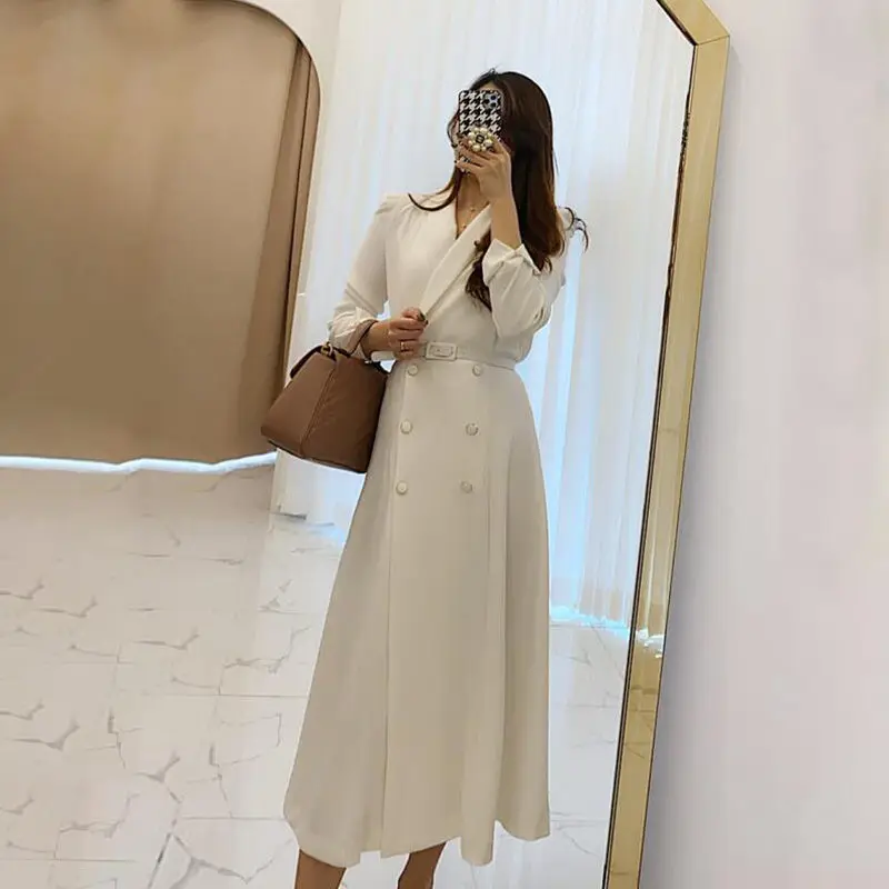 

Luxury Dress 2020 Spring Women's Retro Mid-length Double-breasted Suit Dress Female Long Sleeve Korean Cardigan Blazer Robe R375