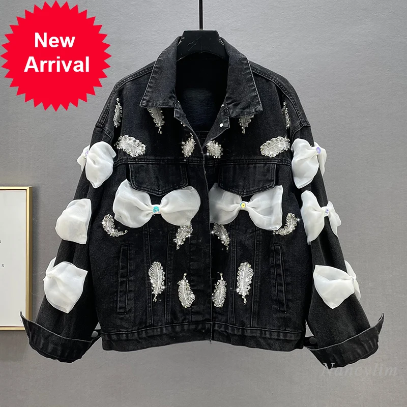 

Black Rhimestone Embroidered Denim Jacket for Women 2021 Autumn New Loose Bow Batwing Long Sleeve Coat Lady Streetwears