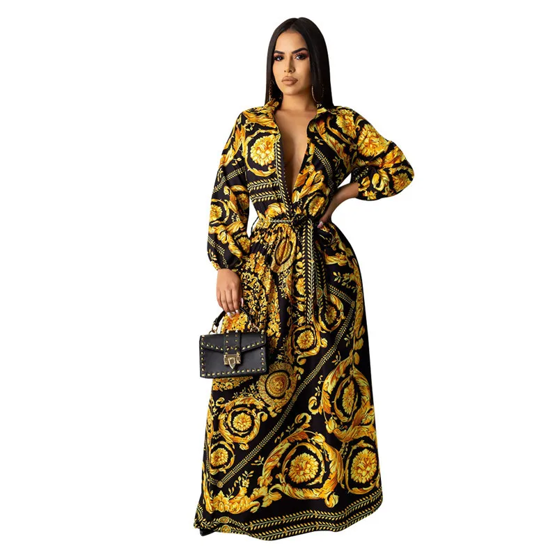 BOhe/Черное золотистое свободное платье макси с принтом на высокой талии индийская