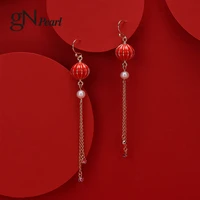 gn pearl red lantern drop earrings hook for women gnpearl genuien 5 6mm natural freshwater pearl earring 2021 trend fine jewelry