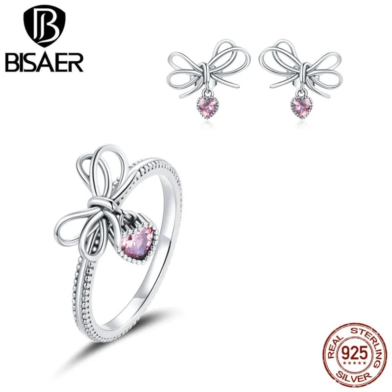 

BISAER Real 925 Sterling Silver Bow Pink CZ Rings & Earrings For Women Engagement Fine S925 Jewelry Sets