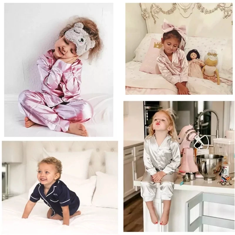 

Four Seasons Kids Satin Pajamas Set Solid Color Children Clothing Fashion Boys Sleepwear Girls Long Sleeve Tops Pants 1-13 Years