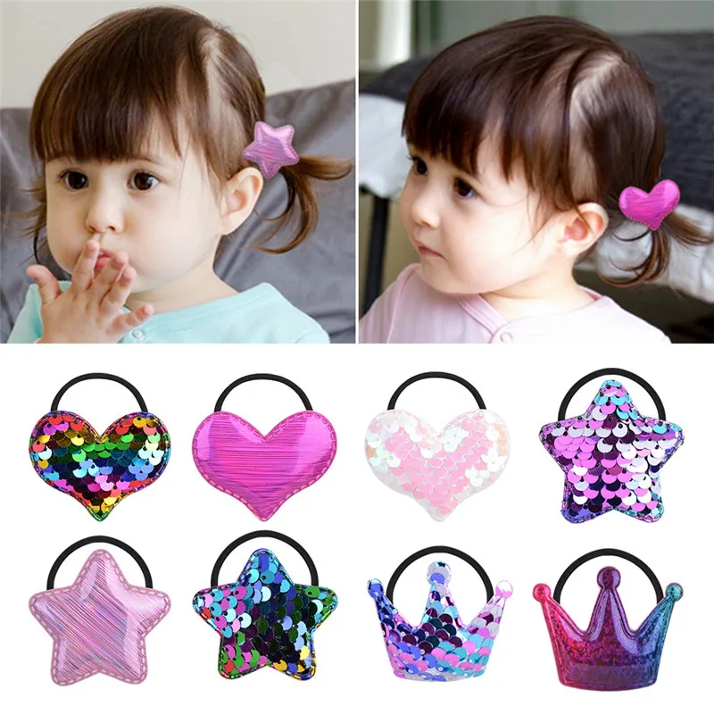 

2pcs Sequin Star Heart Crown Elastic Hair Bands for Girls Baby Kids Scrunchies Gum Tie Ponytail Holder Children Hair Accessories