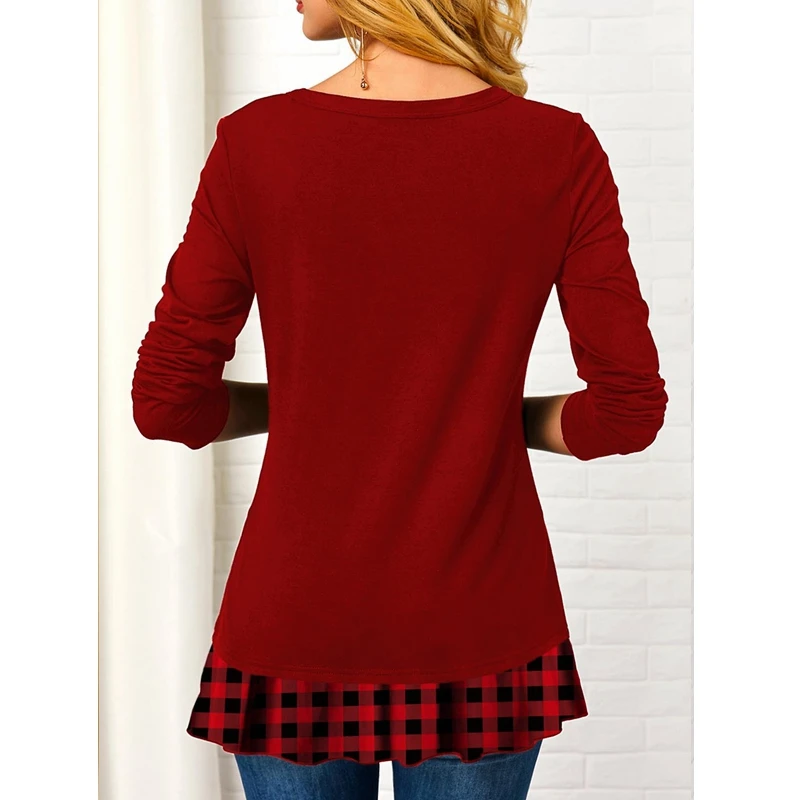 

Mandylandy Spring Autumn Plaid Printed Stitching Irregular T-shirt Tops Women Casual Long-Sleeved V-neck Single Breasted T-shirt