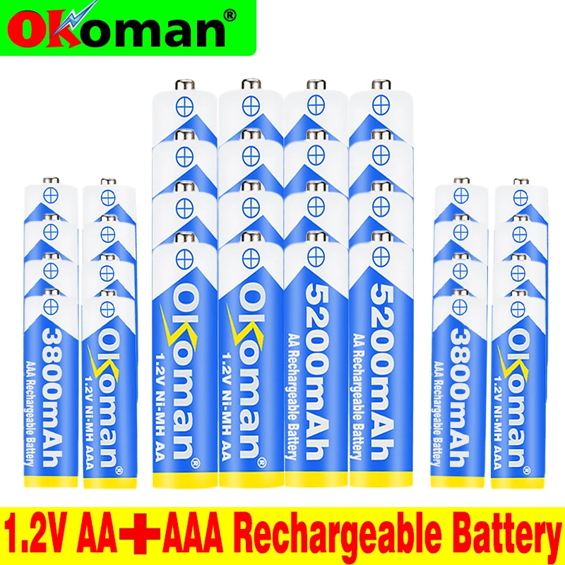 Высококачественные перезаряжаемые батарейки Okoman 5200 мАч NI MH AA + батарея AAA 3800