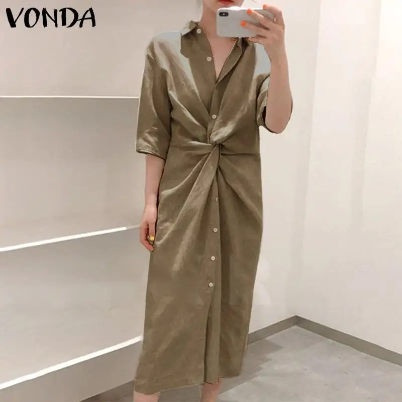 Женское платье с отложным воротником VONDA повседневное свободное однотонное