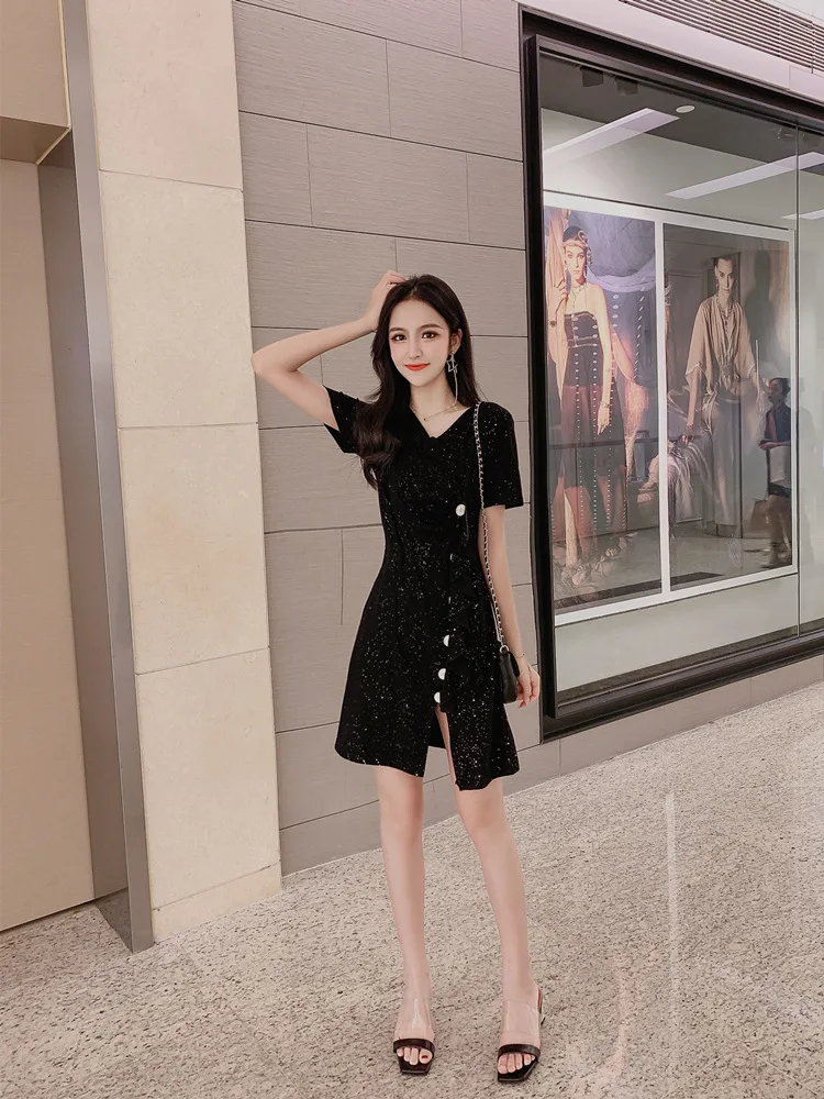 

French vintage glitter black dress flounce irregular bottom slit Hepburn little black dress