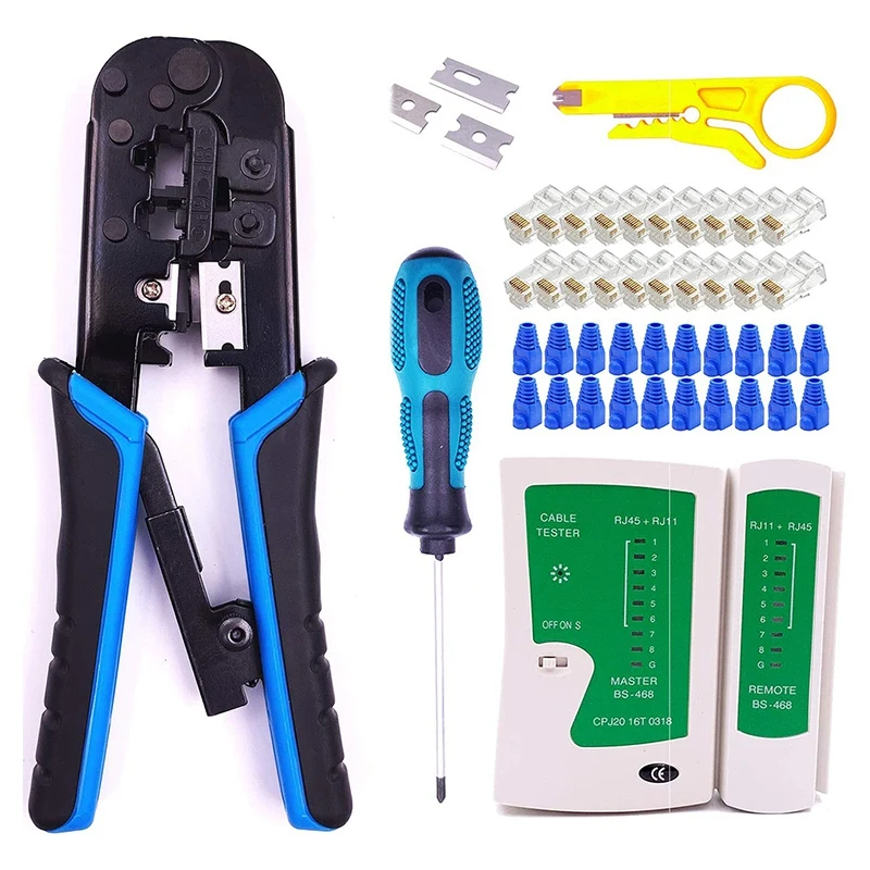 

RJ45 Crimping Tool, Cut, Strip Tool with Cable Tester, Cat5 Connectors,Covers,Network Wire Stripper and Space Blades