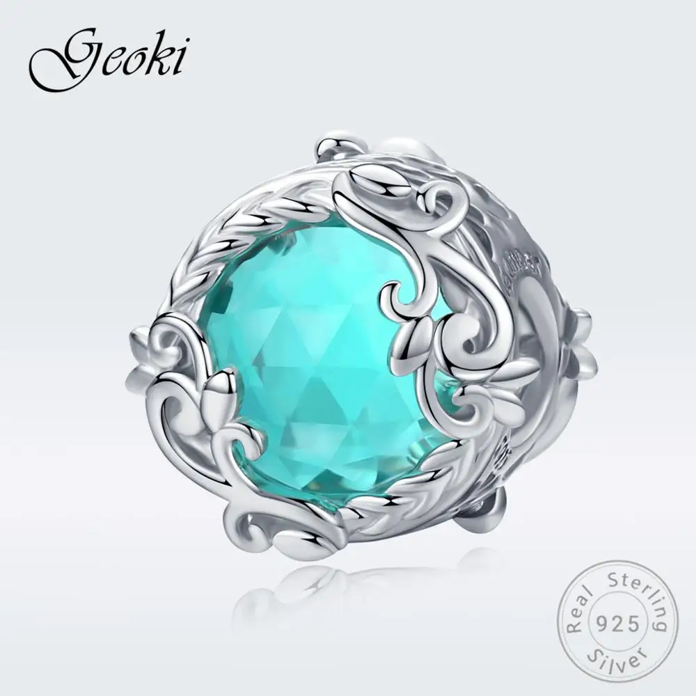 Geoki 925 серебро Европейский океан синий кубики циркона бусины трава fit Pandora браслет S925 морской камень подвески для ожерелья