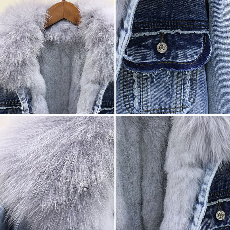Модная Джинсовая куртка женская с лисьим меховым воротником 2019 новое зимнее