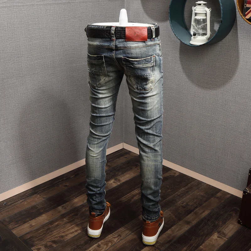 European American Vintage Fashion Men Jeans High Quality Retro Slim Fit Ripped Jeans Men Distressed Designer Cotton Denim Pants