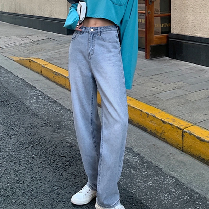 

Женские 2021 весенние повседневные Прямые джинсы с высокой талией, свободные женские синие джинсы с карманами, Женские панталоны