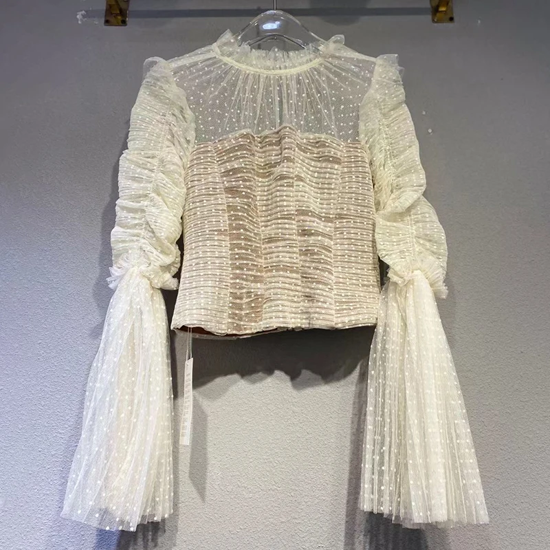 

Polka Dot Patchwork Mesh Shirt For Women Stand Collar Flare Sleeve Elegant Vintage Blouse Female 2021 Fashion New Clothing Z025