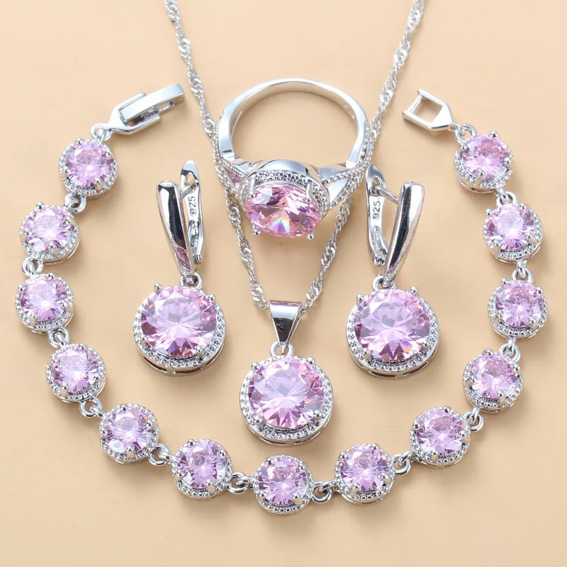 Сладкий розовый циркон Свадебный костюм серебро Цвет Круглый Ювелирные наборы