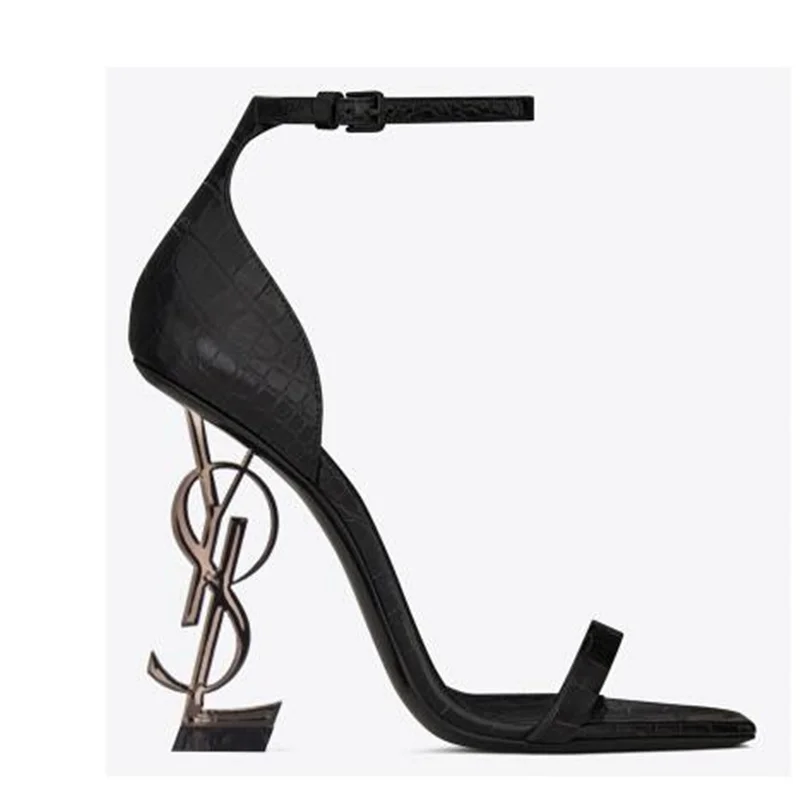 

2021 Y Style Classics Brand High Heel Sandal Genuine Leather 10cm Letter Heel Women Wedding Shoes Patent Leather 34-43