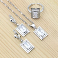 white square cubic zirconia jewelry for women wedding accessories 925 silver earrings ring pendant chain set