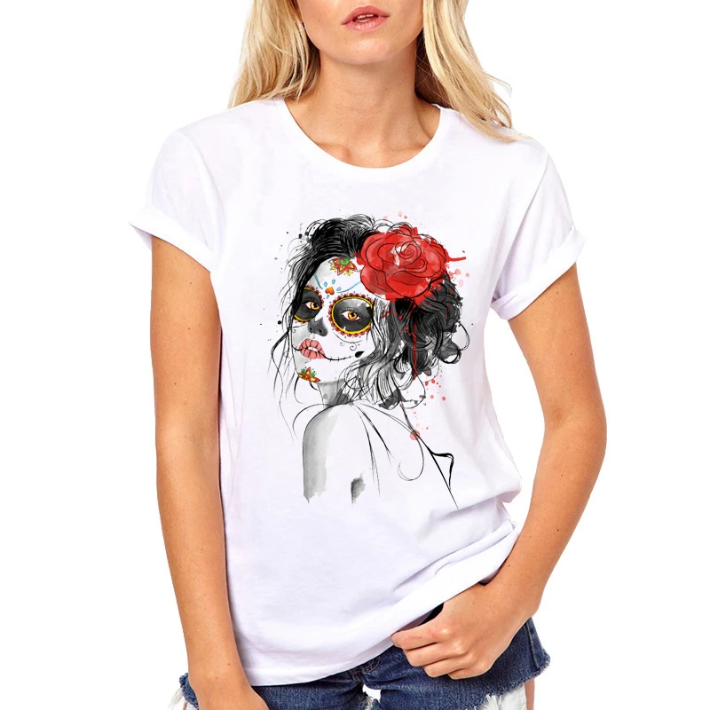 Художественные футболки с изображением цветов сахара черепа повседневные