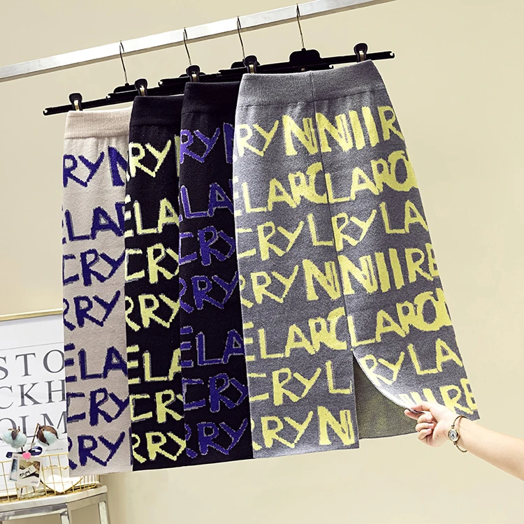 Зимние женские юбки шерстяной вязаный карандаш юбка-миди буквы алфавита сплит