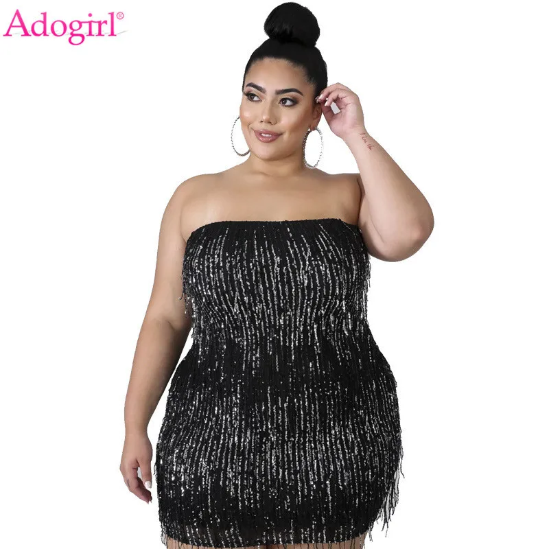 Adogirl Plus Size XL-5XL Women Tassel Sequins Strapless Mini Dress | Женская одежда