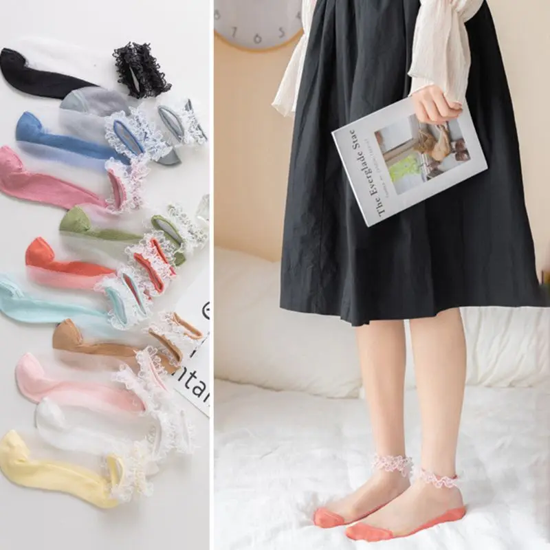 Женские Летние ультратонкие носки лодочки с низким вырезом прозрачные кружевные
