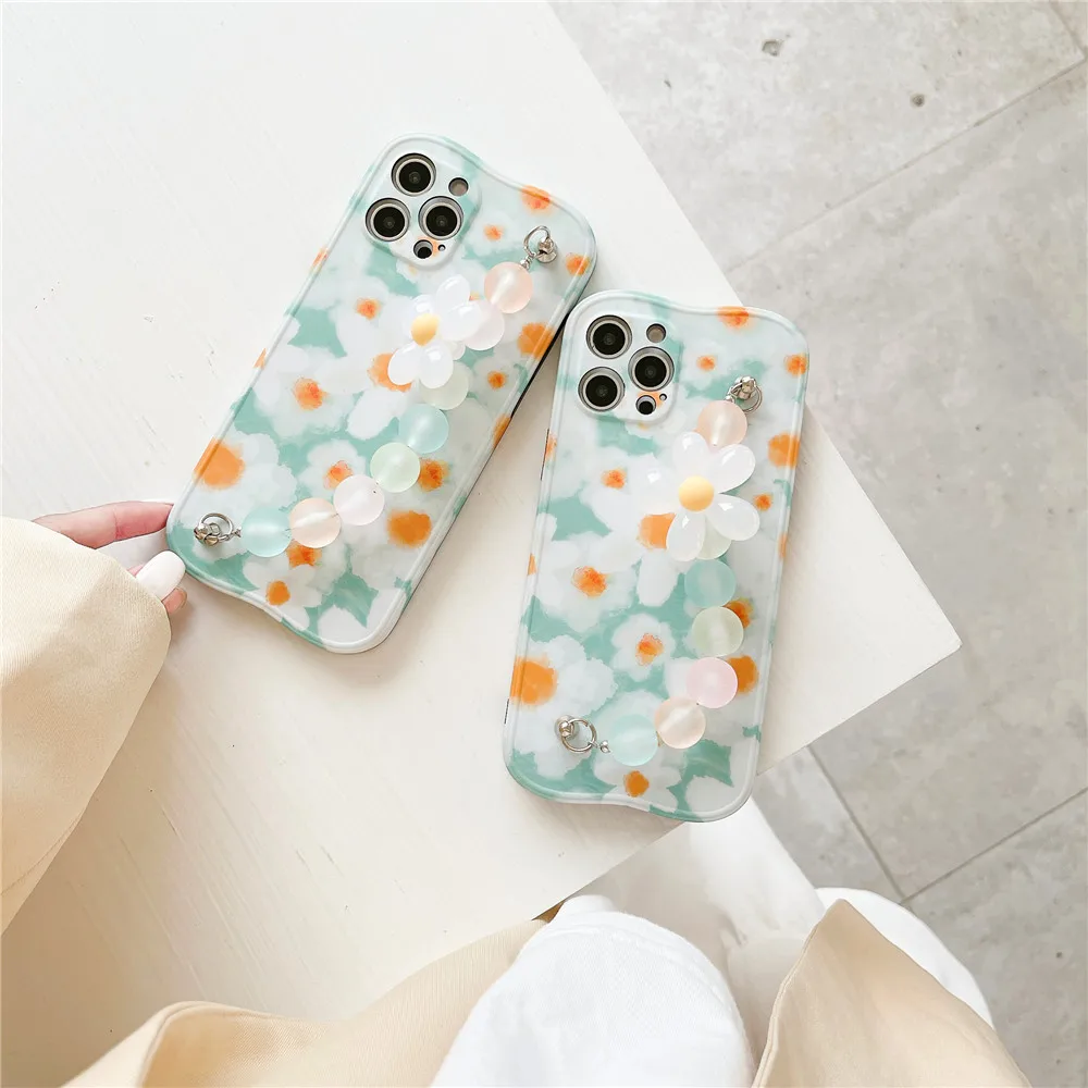 

INS Cartoon Flower Silicone Soft Frame Phone Case For iPhone 12 11 PRO MAX XS X XR 7 8 PLUS Fall-anti Bracelet Back Cover Shell