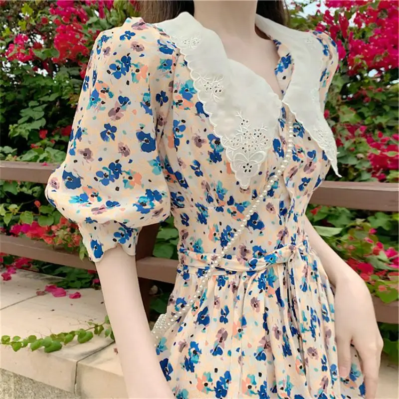 

Korean Chic Retro Print Temperament Dress 2021 Summer High Waist Chiffon Dress Back Down Collar Elegant Party Dresses Female