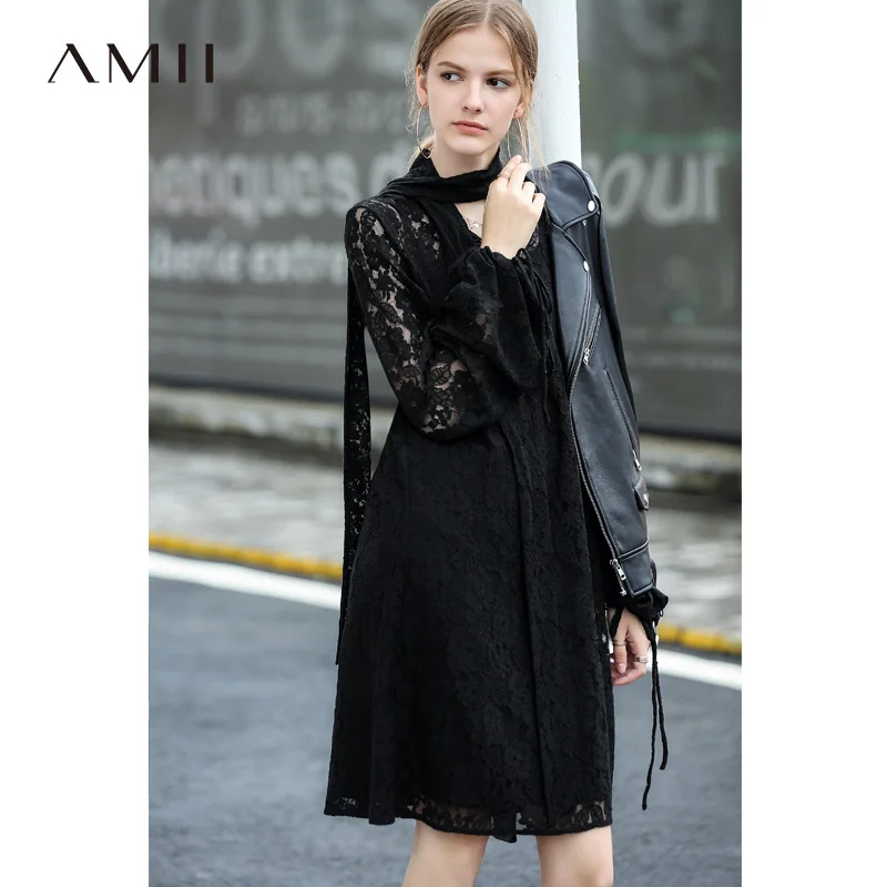 Amii сексуальные черные кружевные платья женские осенние повседневные однотонные