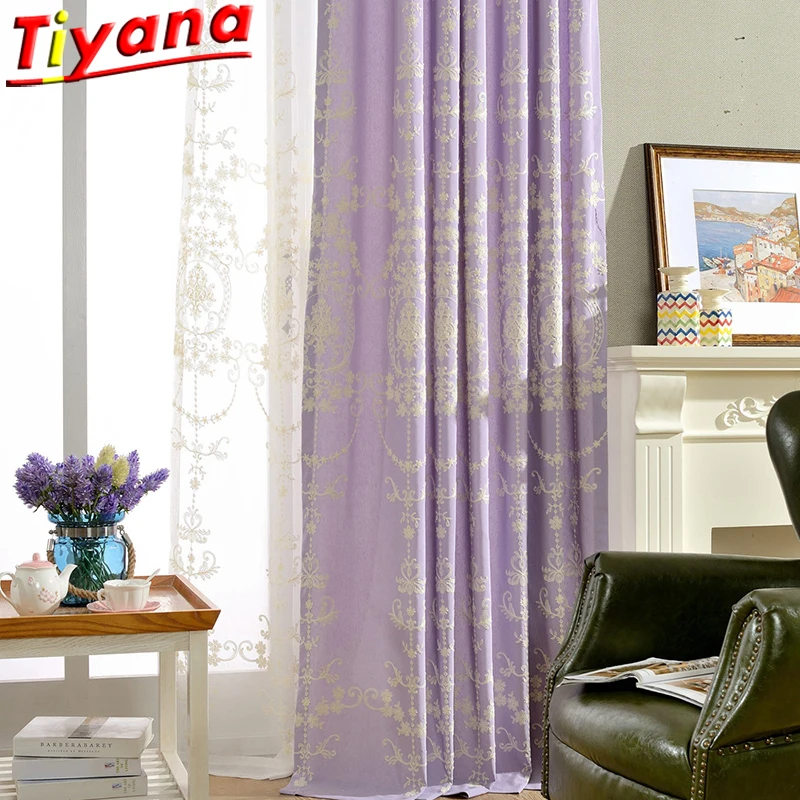 

European Embroidery Curtains for Living Room Purple Semi-shading Cloth Linen Window Drapes for Bedroom *VT