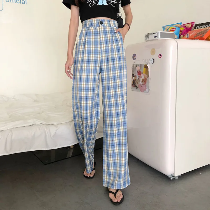 Брюки женские клетчатые с широкими штанинами на пуговицах | Женская одежда