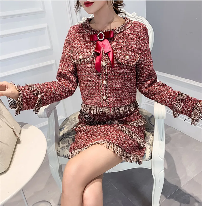 Маленькие ароматные костюмы с юбкой новая зимняя твидовая клетчатая куртка
