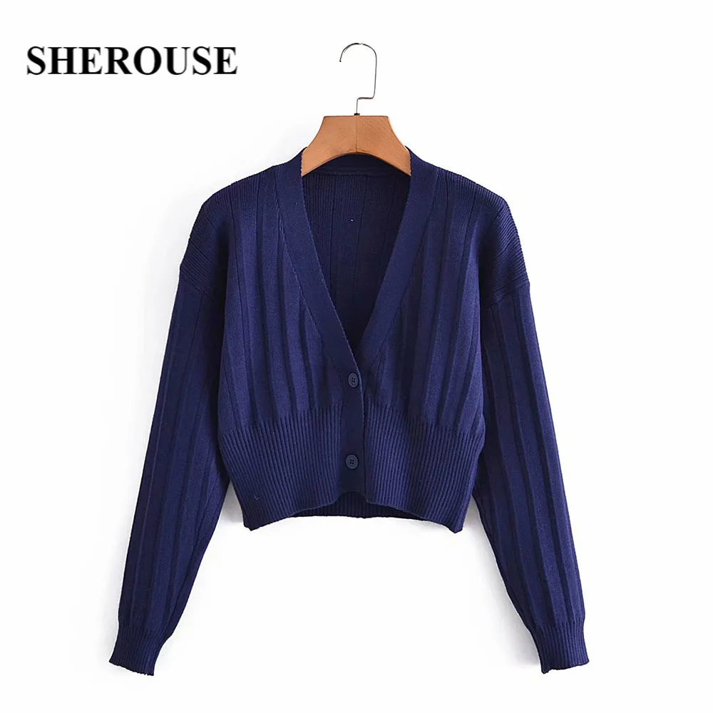 

Женский укороченный вязаный кардиган SHEROUSE, однобортный Повседневный кардиган с длинными рукавами и v-образным вырезом, текстурированная тр...