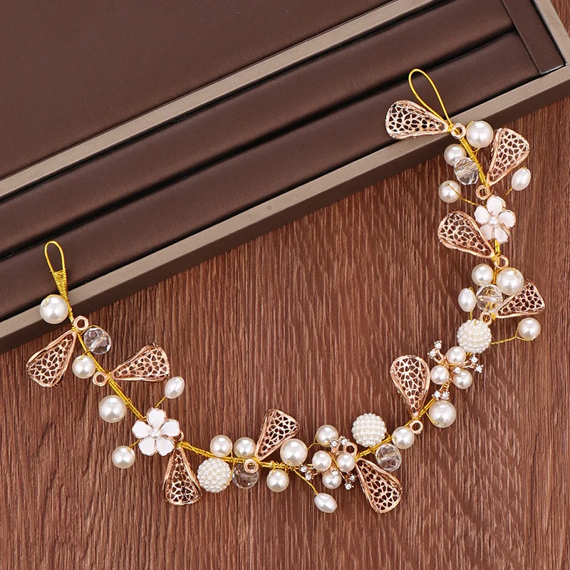 Gold Pearl Rhinestone Flower Headband Bride Headpiece Handmade Wedding Hair Band Head Jewelry For Women Baridal Accessories | Украшения и