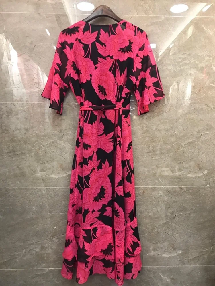 

New 2020 Spring Summer Fashion Style Women V-Neck Pink Floral Print Flare Sleeve Mid-Calf Length Ruffle Sexy Casual Silk Dress
