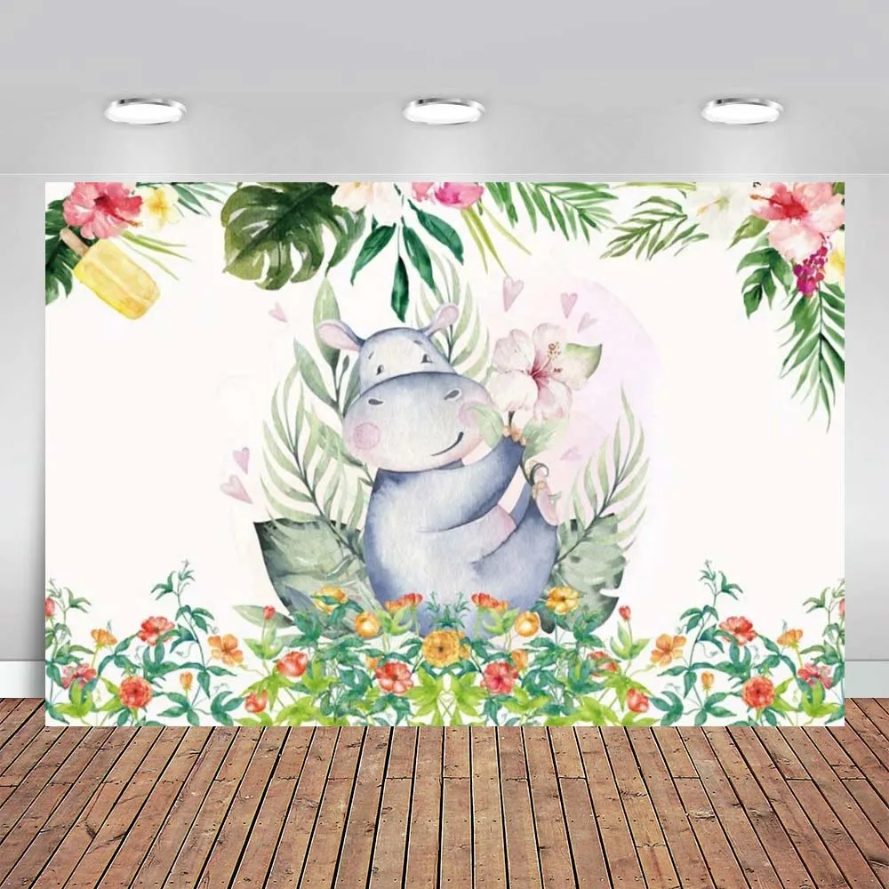 Kids Birthday Backdrop for Photoshoot Cute Hippo Colorful Flowers and Grass Photo Background Boys Girls Birthday Party Banner