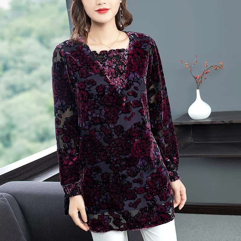 Осенняя Весенняя Повседневная Женская одежда бархатная блузка с длинным рукавом