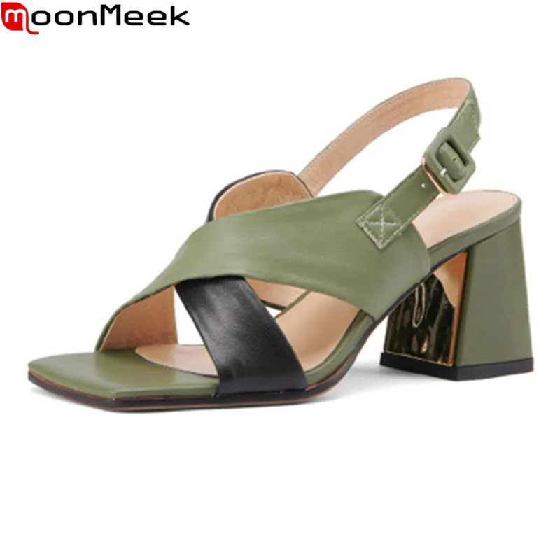 

MoonMeek 2021 New Genuine Leather Sandals Women Fashion Square High Heels Ladies Shoes Summer Buckle Party Shoes Green