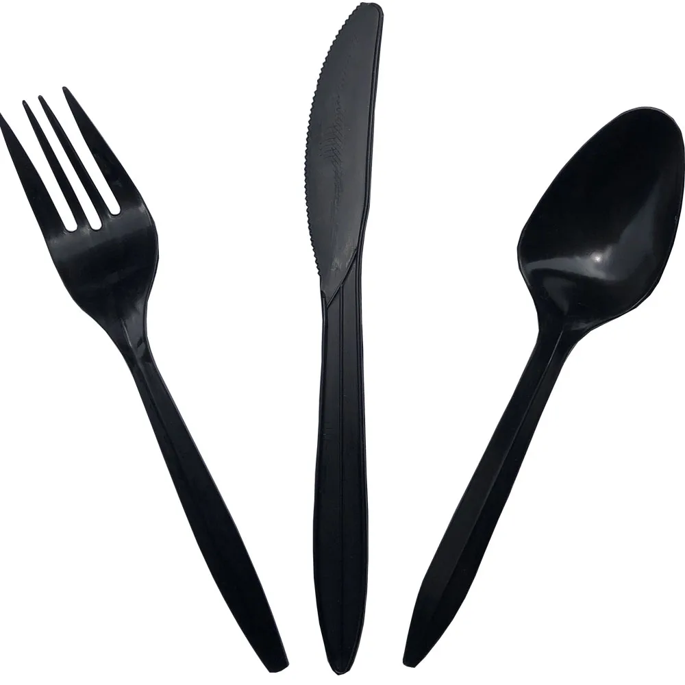 

16pcs Per Pack Black PP Plastic Utensils Knife Spoon Fork Halloween Tableware Disposable Cutlery Birthday BBQ Party Supplies