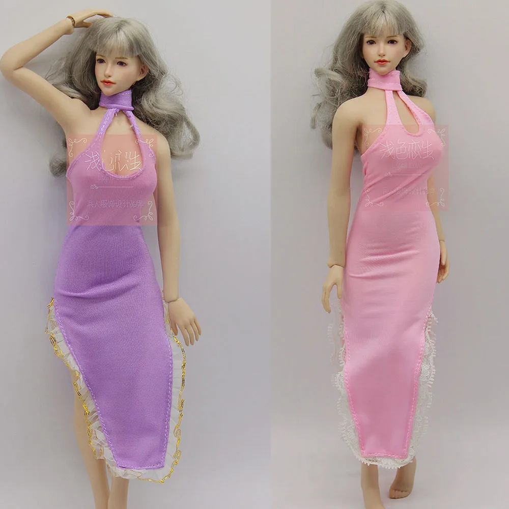 

Сексуальный женский аксессуар в масштабе 1/6, облегающее кружевное ажурное платье-Ципао с лямкой на шее, длинное платье для тела 12 дюймов