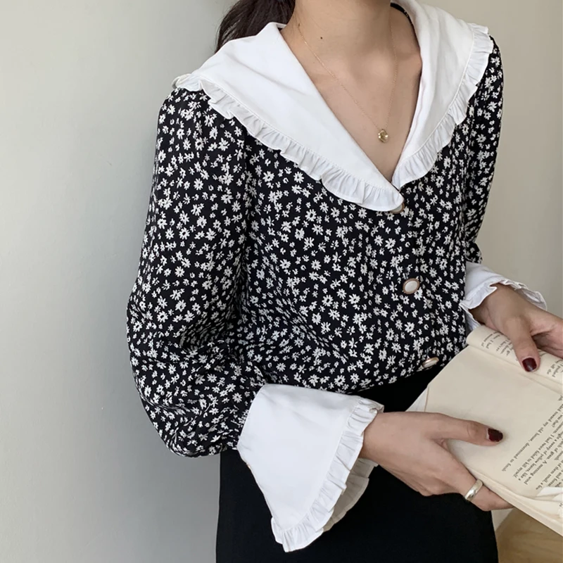 Женская винтажная рубашка с расклешенным рукавом однобортная Элегантная блузка