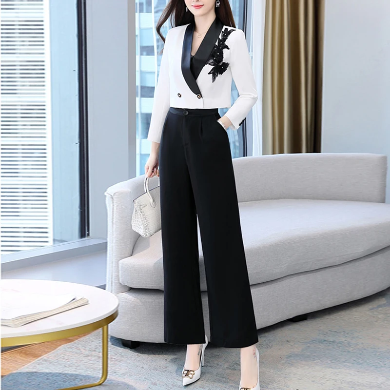 

Женский костюм из двух предметов, короткий Блейзер с вышивкой и прямые брюки с широкими штанинами, винтажный офисный костюм