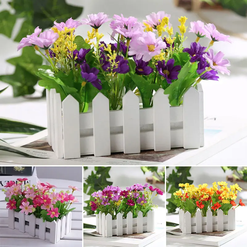 

Wooden Fence Vase + Fake Flower Daisy Silk Artificial Flowers Home Decoration Flower Basket Garden Decor Birthday Gift