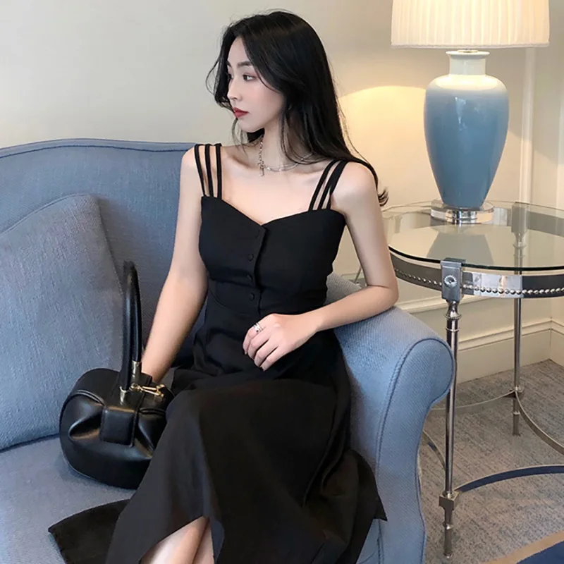

Summer Women's Dresses Temperament Sexy Off Shoulder Solid Color Slim Zipper Sweet Button Party Black Dress